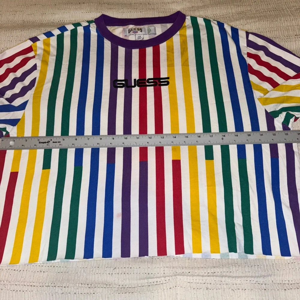 Guess x J Balvin Colores Striped T-Shirt Mens Large Multi Color Embroidered Logo - Picture 5 of 8